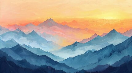 Soothing Sunrise Peaks: image of mountain peaks bathed in the gentle light of sunrise, with pastel hues of peach, coral, and soft yellow painting the sky. - obrazy, fototapety, plakaty