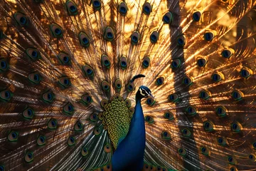 Keuken spatwand met foto peacock with feathers fanned, sunset illuminating © studioworkstock