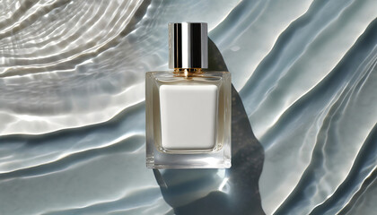 Top view of white perfume mock-up glass bottle on white background with water waves around it