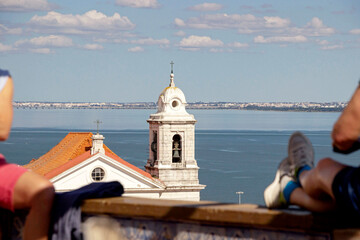 cityscape of old buildings with blue ocean at Lisbon viewpoint - 768821292