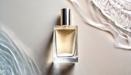Top view of white perfume mock-up glass bottle on white background with water waves around it