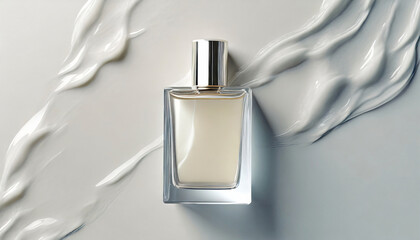 Top view of white perfume mock-up glass bottle on white background with water waves around it