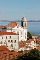 cityscape of old buildings with blue ocean at Lisbon viewpoint - 768821619