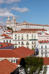 cityscape of old buildings with blue ocean at Lisbon viewpoint - 768821670