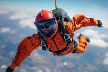 Close-up of a skydiver wearing orange suit and protective helmet in free fall. Athlete with parachute against the blue sky, white clouds and the surface of the earth far below. - obrazy, fototapety, plakaty