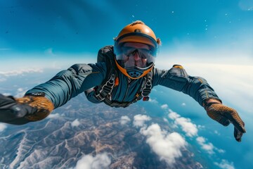 Close-up of a skydiver wearing blue suit and protective helmet in free fall. Athlete with parachute against the blue sky, white clouds and the surface of the earth far below.
