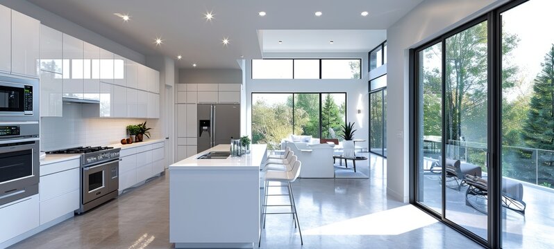 Interior of modern minimalist white kitchen. Flat glossy facades, kitchen island with bar stools, built-in home appliances, indoor plants, panoramic window.