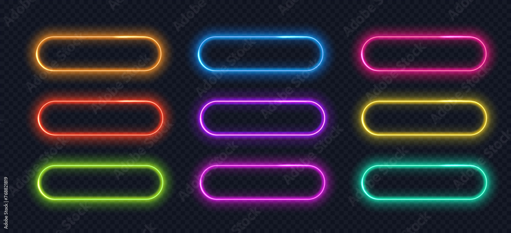 Poster neon button frame isolated collection. glowing gradient borders, ui elements, action button.