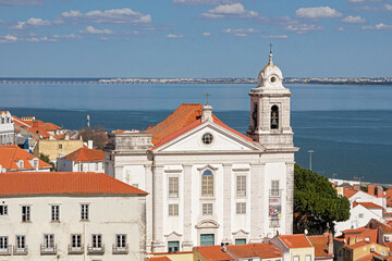 cityscape of old buildings with blue ocean at Lisbon viewpoint - 768821805