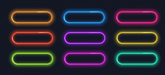 Neon button frame isolated collection. Glowing gradient borders, UI elements, action button.