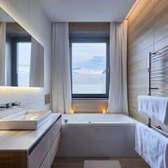 Modern hotel bathroom interior with bathtub and sink, panoramic window. 3d render.