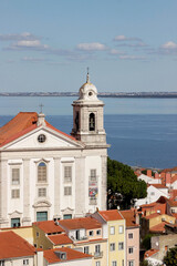 cityscape of old buildings with blue ocean at Lisbon viewpoint - 768821839