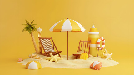Obraz premium Summer Beach Relaxation Scene with Chair, Umbrella, and Sea Shells