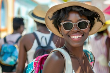 Happy group young african american tourists woman wearing beach hat, sunglasses and backpacks going to travel on holidays on city background