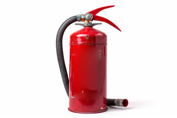 A red fire extinguisher stands on a white background