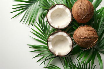 Coconut with green palm leaves isolated on white background