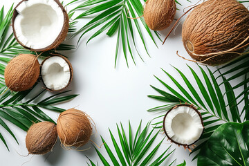 Coconut with green palm leaves isolated on white background