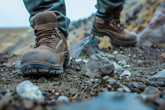 work boots stepping on a rugged terrain