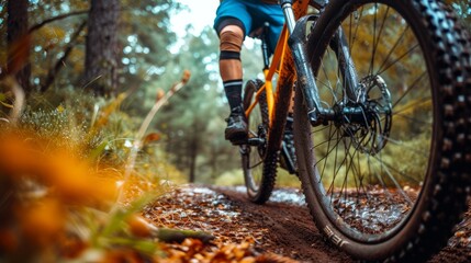 Mountain bike rider riding along country road in autumn forest. Teenager rides a bicycle. Active lifestyle for youth. Low angle view, cropped shot. - obrazy, fototapety, plakaty