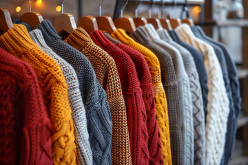 Obraz premium Explore cozy autumn fashion with a variety of warm knitwear sweaters in the wardrob