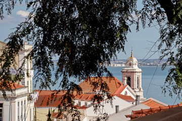 cityscape of old buildings with blue ocean at Lisbon viewpoint - 768822227