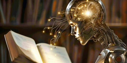 AI Android robot reading a book, intricate head wires, golden light, library backdrop, fusion of technology and knowledge.