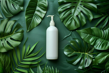 plastic white blank tall shampoo bottle with a dispenser with tropical leaves on the green background with copy space, template mockup for cosmetic packaging, product advertising concept 