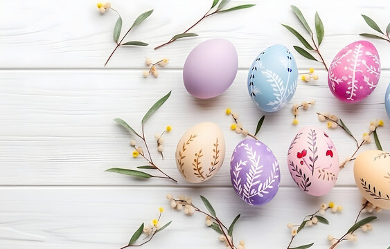 Easter holiday colorful eggs on white wooden table for greeting