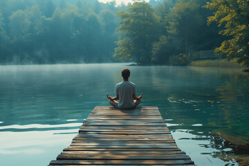  Young man meditating on a wooden pier at the lake - obrazy, fototapety, plakaty