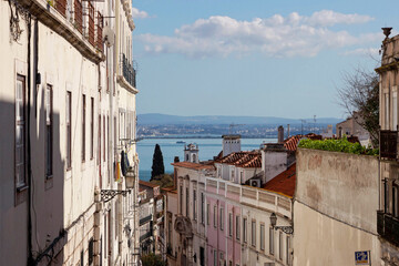 street view with old buildings in Lisbon, Portugal - 768822460