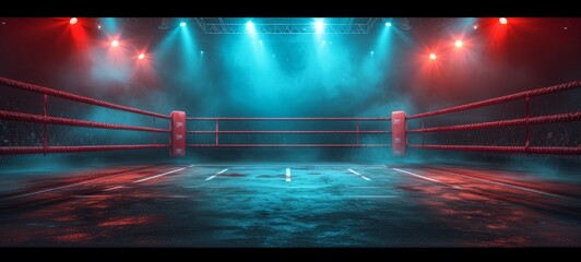 Boxing ring in a spacious empty sports club. Arena for professional boxing matches, illuminated by powerful spotlights. Blue and red lighting. - obrazy, fototapety, plakaty