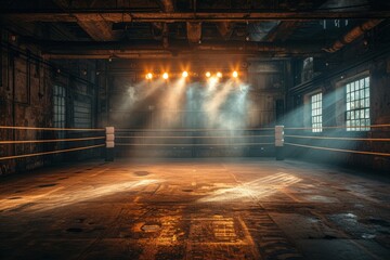 Boxing ring in a spacious empty sports club. Arena for professional boxing matches, illuminated by powerful spotlights. - obrazy, fototapety, plakaty