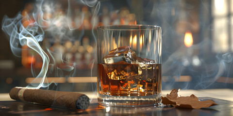Whiskey in glass and cigar, Cigar On A Glass Relax Luxury Snifter  Background, A glass of whiskey stands on the table a cigar smokes nearby Luxurious life.

