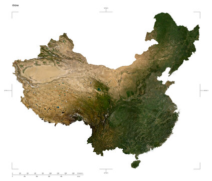 China shape isolated on white. Low-res satellite map