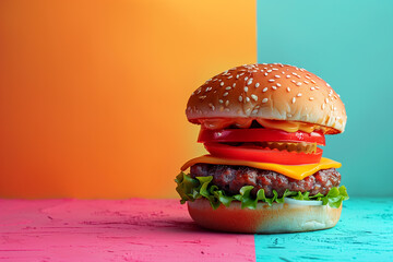 Vintage style of burger. Food pop art photography. Complementary colors. Copy space for ad, text 