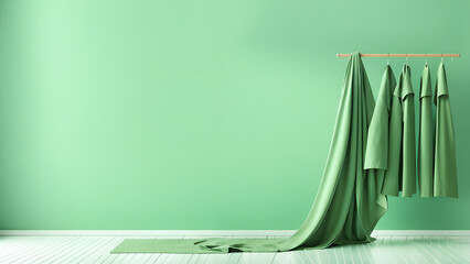 Stylish Green Fabric Gallery 3D Clothes on Hanger Concept for Apparel Retailers and Fashion Enthusiasts