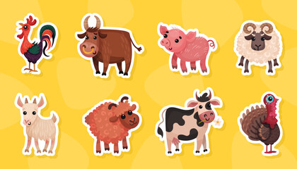 Farm Animal and Livestock Isolated Vector Sticker Set