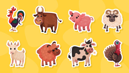 Fototapeta premium Farm Animal and Livestock Isolated Vector Sticker Set