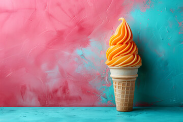 Vintage style. Food pop art photography. Ice cream. Complementary colors. Copy space for ad, text 