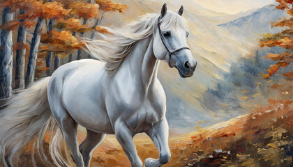 classical oil painting of a white horse with smooth skin and fur. beautiful white horse portrait.
