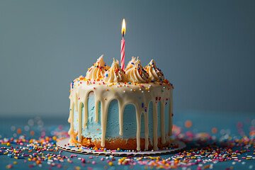 Celebration birthday cake decorated with white drip icing, buttercream frosting swirls, colorful sugar sprinkles and one birthday candle against a plain blue background  - obrazy, fototapety, plakaty