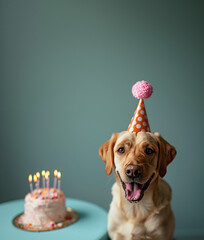 Funny dog with birthday cake and hat on blue background 