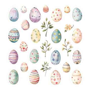 Easter eggs. Set of Paschal symbols covered with various ornaments: flowers, stripes, hearts, dots. Flat isolated stickers set.