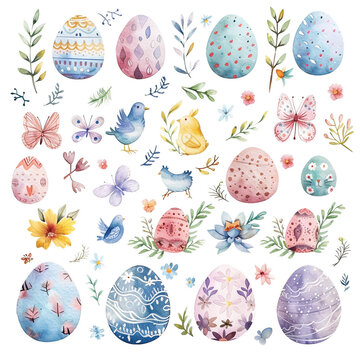 Set of stickers with Easter design elements. Eggs, flowers, butterflies, rabbits, branches. Ideal for holiday decorations and spring greeting cards.