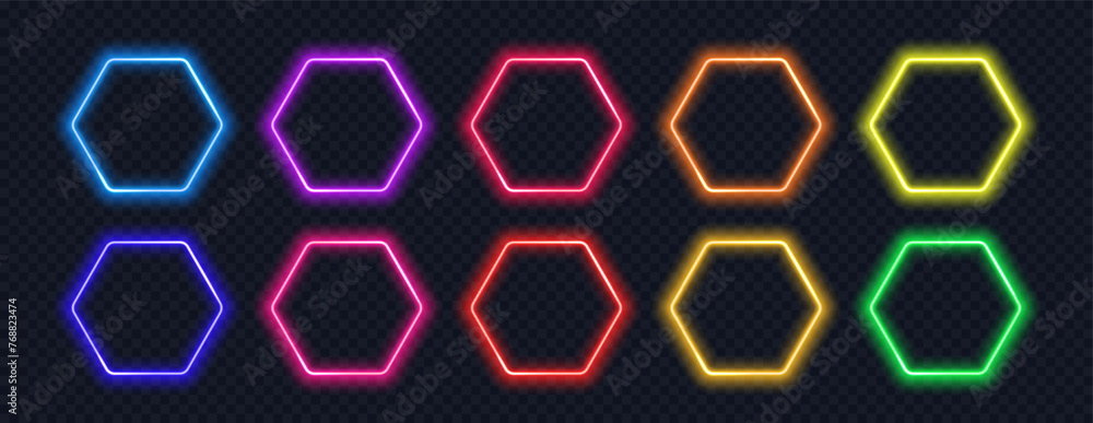 Poster neon hexagon frame isolated on black background. glowing colorful button. design element in futurist