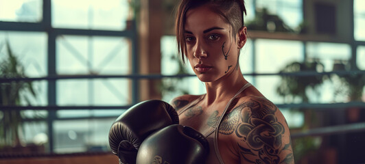 Close-up portrait of attractive mixed race female boxer with muscular body posing in a gym. Fit and sexy young Hispanic woman with tattoos wearing boxing gloves. - Powered by Adobe