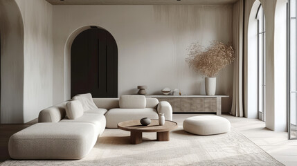 Modern minimalist living room interior of luxury villa in natural tones. Trendy upholstered furniture, coffee table, carpet, home decor, panoramic windows.