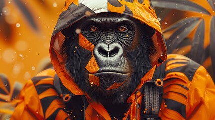Artistic, surreal, stylish gorilla in sporty hooded jacket. Photorealistic illustration of an ape donning a trendy, sportive hooded jacket