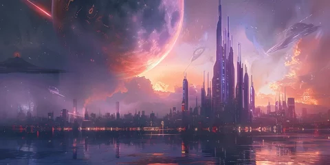 Raamstickers Surreal Futuristic Cityscape with Energy Beam Tower and Intergalactic Planet Landscape. Concept Surreal Photography, Futuristic Cityscape, Energy Beam Tower, Intergalactic Planet Landscape © Ян Заболотний