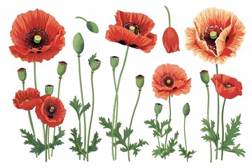 Fototapeta premium Floral collection, poppies flowers on a white background, cartoon style